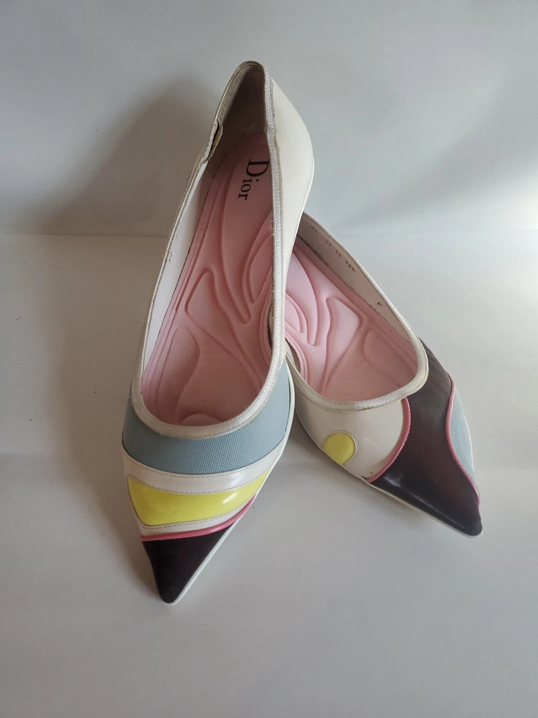 Christian Dior Taille 38,5 Plats Multicolore Cuir Tissu Mixte Marron Jaune Bleu