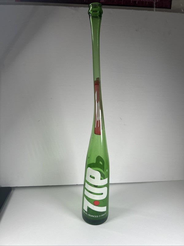 Vtg 70's Boardwalk Fair Carnival 7UP Soda Green Glass Stretched Art 10 oz Bottle