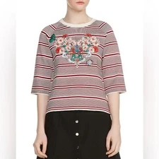 MAJE Marco Floral Embroidered Heart Striped Crewneck Sweater $298 Size 1 S