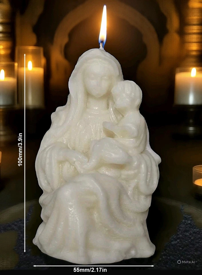 Vela de cera de soja. Imagen de la Virgen María y Jesucristo. Foto 2 de 2