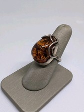 Modernist Style Natural Baltic Amber 925 Sterling Silver Ring Size 8