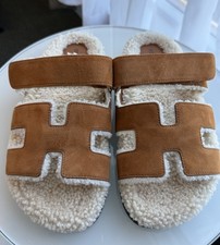 NEW HERMES ECRU CHYPRE SANDAL SHEARLING SLIPPER Size 39 Teddy leather Gold
