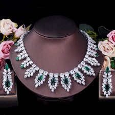 Women Statement Leaf Drop Earrings Necklace Silver Plated CZ Wedding Jewelry Set