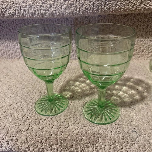 2 Vintage Green Depression Uranium Vaseline Tall Glass