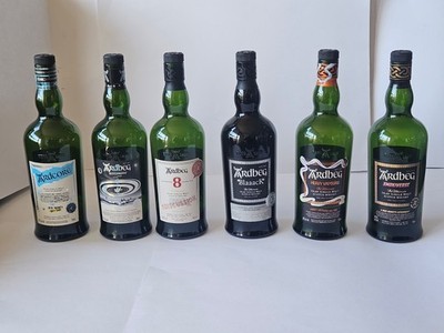 Lot of 6 Empty Ardbeg Islay Single Malt Scotch Whisky Bottles + 3 Original Boxes