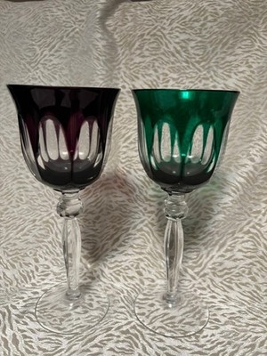 Cristal De Paris Cut Crystal Champagne Fluted Glasses Set Of 2 Purple & Green
