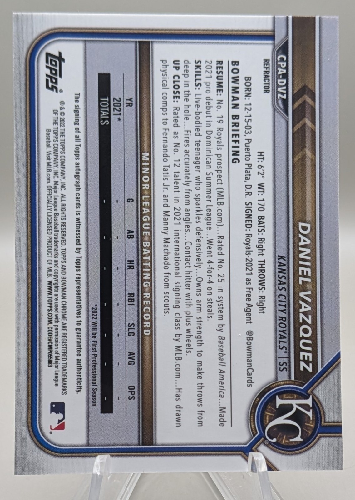 2022 Bowman Chrome - Prospect Autographs Daniel Vazquez #CPA-DVZ Refractor /499 view 2