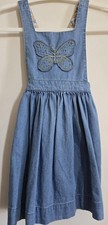 Mini Boden 5-6 Y Girls Pinafore Denim Butterfly Dress Pockets Flowers Sleeveless