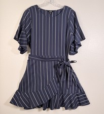Express Mini Ruffle Dress Wrap With Side Bow Women's Navy Stripes Cotton Large