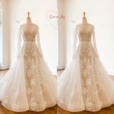 Vintage Lace Wedding Dresses Long Sleeves Sheer Neck 1980s A Line Bridal Gowns