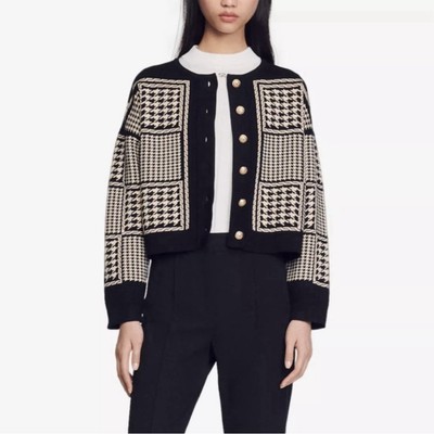 Sandro Paris Jules Houndstooth Cropped Cardigan Black & Cream Size 3 Large