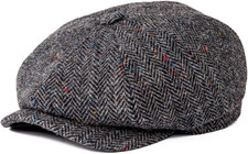 Men's 8 Panel Newsboy Flat Cap Wool Blend Herringbone Tweed Flecked Grey 7 3/8