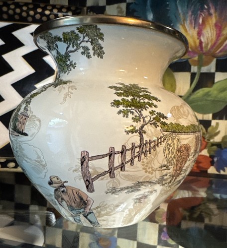 Mackenzie Childs Aurora 5" Enamel Vase Enamelware USA Excellent Farm Theme Toile - Picture 2 of 11