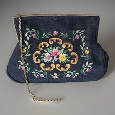 Vtg Black Needlepoint Floral Clutch Purse Gold Tone Kiss Lock Ornate Frame Chain