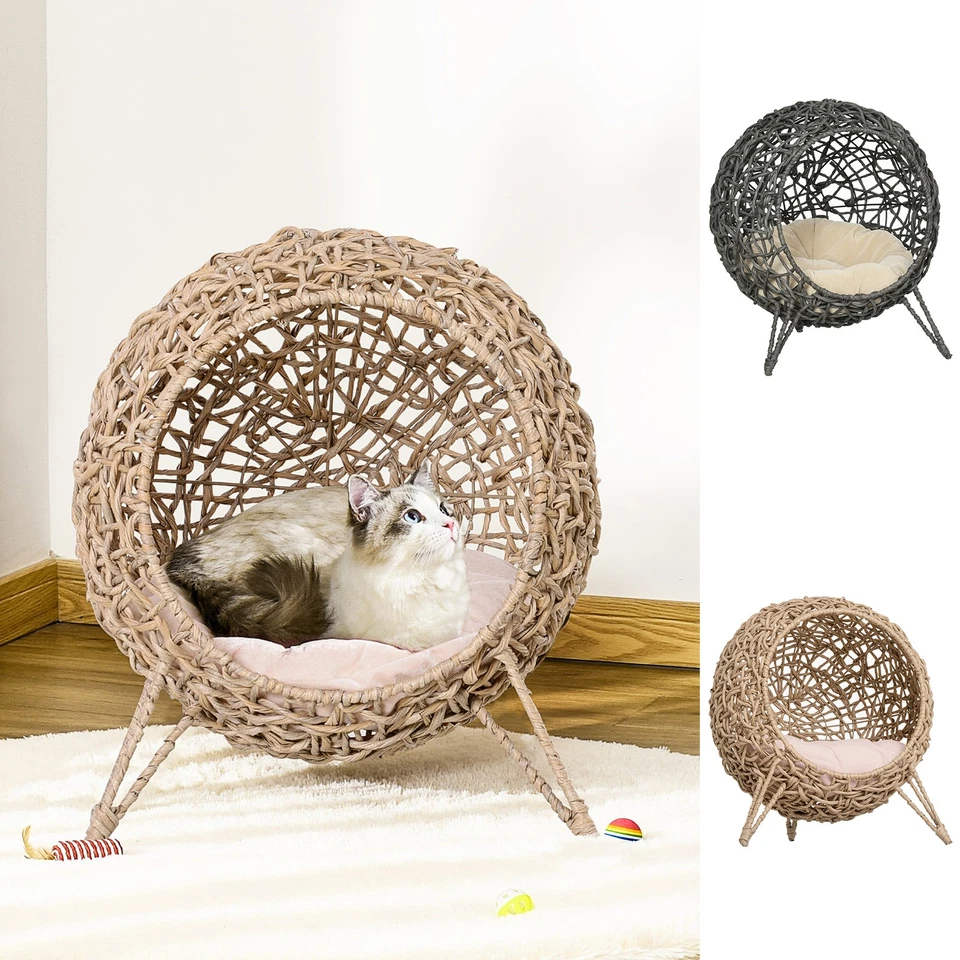 PawHut Wicker Cat House, Ball-Shaped Rattan Raised Cat Bed