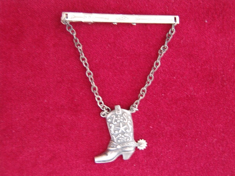 Sterling Silver Vintage Texas Lone Star Cowboy Boot w/ Spur Tie Clasp, U.S.A.