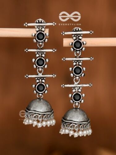 Indian Traditional Bollywood Silver Oxidized Long Layer Jhumka Jhumki Earrings - Picture 1 of 3