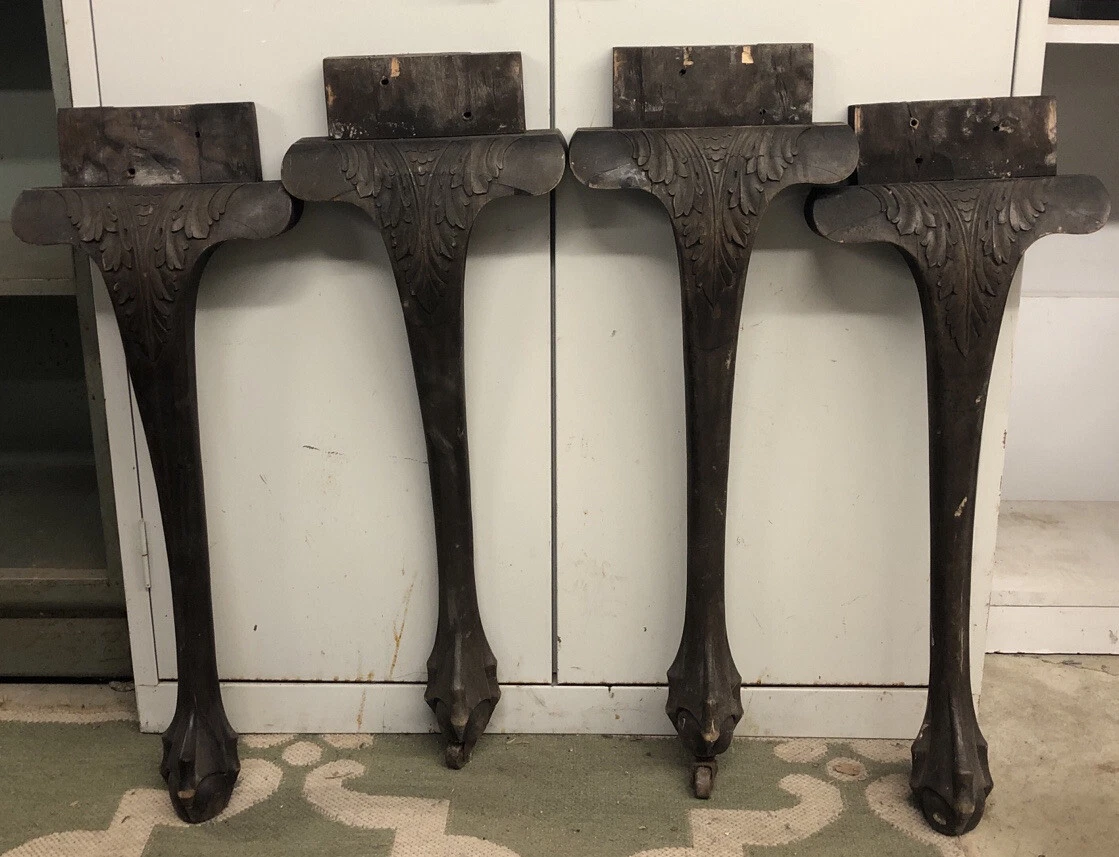 LOT OF 4 FOUR VINTAGE 25 WOOD TABLE LEGS CARVED BALL AND CLAW ORNATE SALVAGE