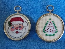Lot Of 2 Needlepoint Two Sided Christmas Ornament Santa Tree Snowflake Merry