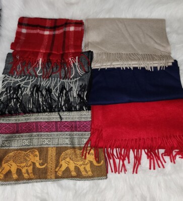 Lot of 6 Cashmere Scarves Mixed Colors Plaid Elephant Red Gray Fringe 