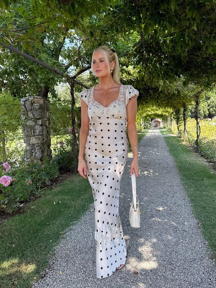 Free People Butterfly Babe Maxi Dress XS New White Silky Polka Dot Lace Gown  | eBay