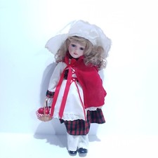 Porcelain Doll Red Riding Hood Style Attire 16" With Basket Of Apples