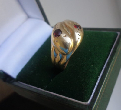 Gold Granat SCHLANGE Ring Retro Vintage 9 kt Gelbgold HM 1963 Birmingham Größe S