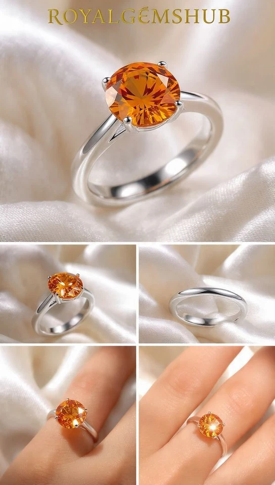 💍 Anillo de diamantes naturales de color naranja de corte redondo de 2 quilates en banda de plata de ley 925 Foto 3 de 4