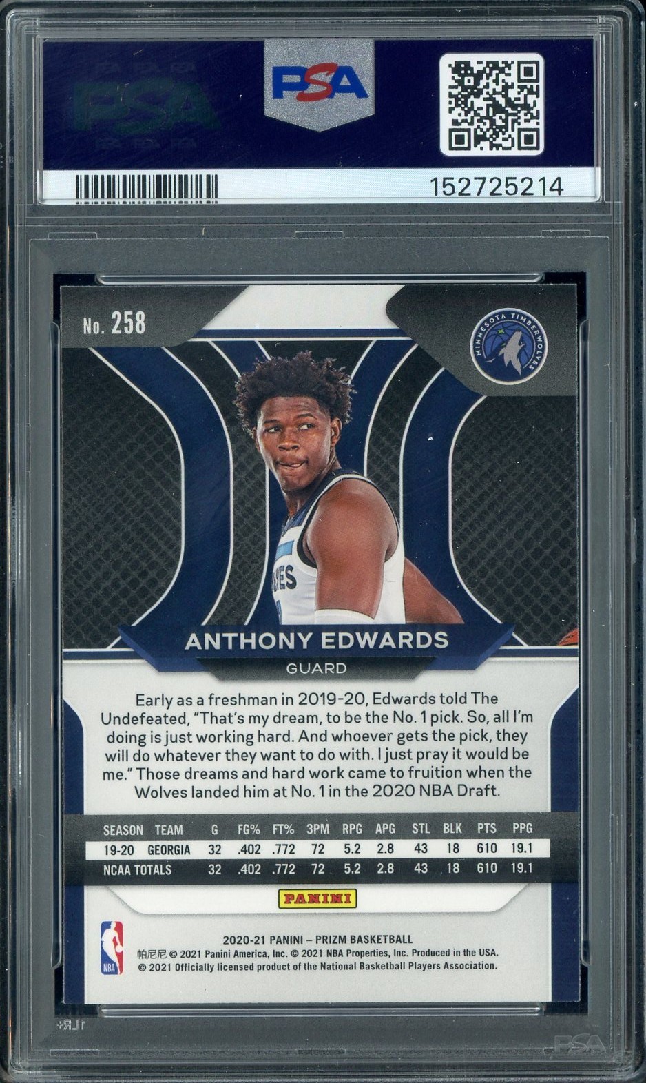 2020 Panini Prizm #258 Anthony Edwards Timberwolves RC Rookie PSA 9 MINT view 2