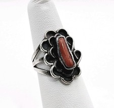 Vintage Sterling Silver Mediterranean Red Coral Ring Navajo 1970's 925 Size 6.25