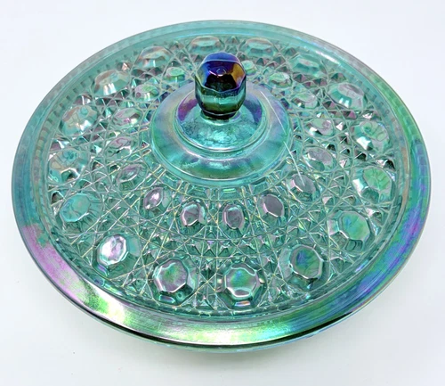 Vintage Indiana Glass Windsor Button & Cane Candy Dish Iridescent Carnival Glass