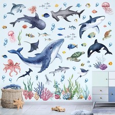 wondever Under The Sea Large Fish Wall Stickers Whale Shark Ocean Seaweed Pee...