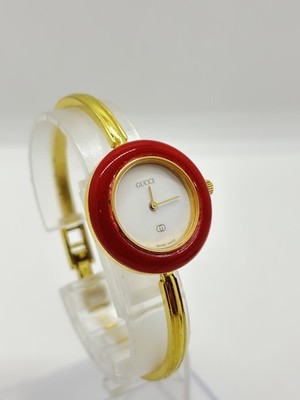 宝*斎様 GUCCI アナログ腕時計 ゴールド/赤/黄 Exc+5] GUCCI 11/12 Change Bezel Quartz Watch Gold Dial Red Bezel