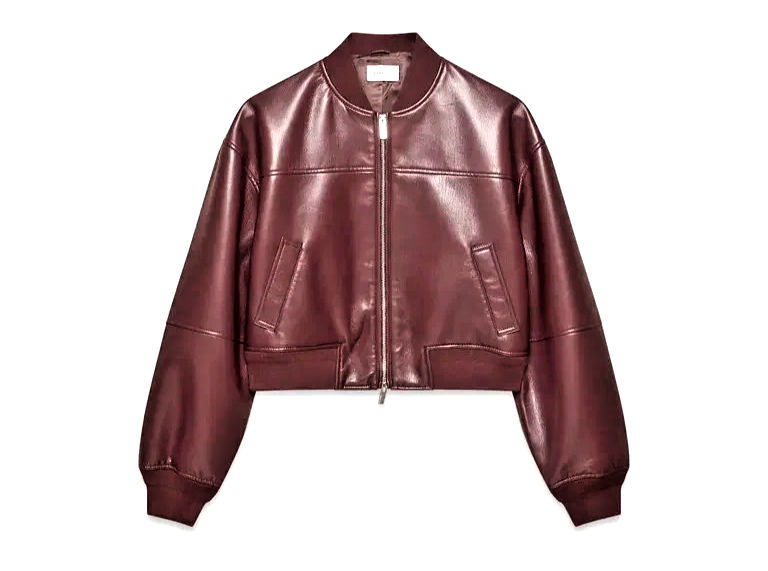 New Ladies PU Leather Bomber Jacket Burgundy Trendy Cropped Styleew