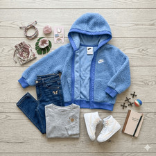 Nike Girls Sherpa Fleece Hoodie Blue Size Small Full Zip Cozy Teddy Jacket Youth