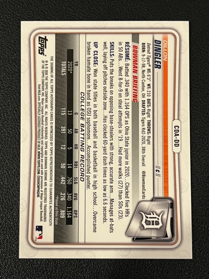 Dillon Dingler 2020 Bowman Chrome 1st Auto Black Refractor /75 Tigers - Image 2 of 2