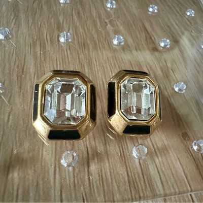 Vintage Napier Gold Tone & Black Art Deco Style Geometric Pierced Earrings