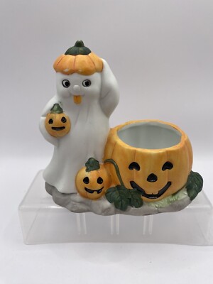 Ceramic Pumpkin Ghost Tea Light Candle Holder Vintage Halloween