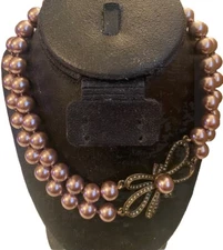 HIEDI DAUS Faux Pink Champagne Pearl Rhinestone Bow Advise Chic Glamour Necklace