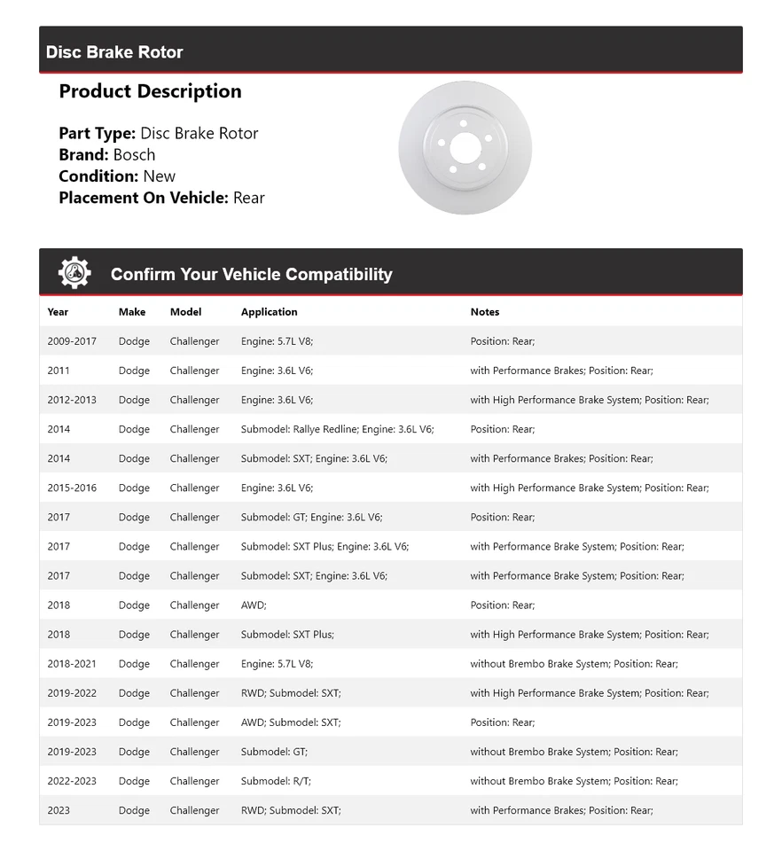 For 2009-2023 Dodge Challenger Bosch QuietCast Disc Brake Rotor Rear 2010 2011 - Image 2 of 4