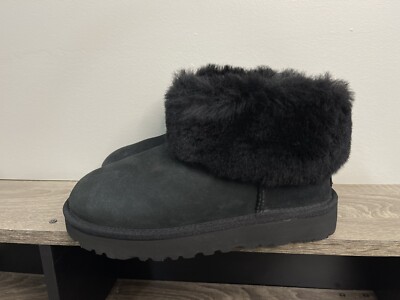 Women’s UGG Classic Mini Fluff Black Suede Boots Women’s Size NEW 1106757 