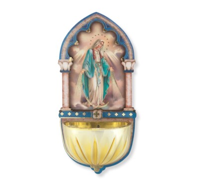 Our Lady of Grace 2D Holy Water Font, 5'', Wood back Gold-Embossed