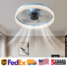 20 inch Blue Reversible Flush Mount Ceiling Fan Light Kit 3 Color LED Dimmable