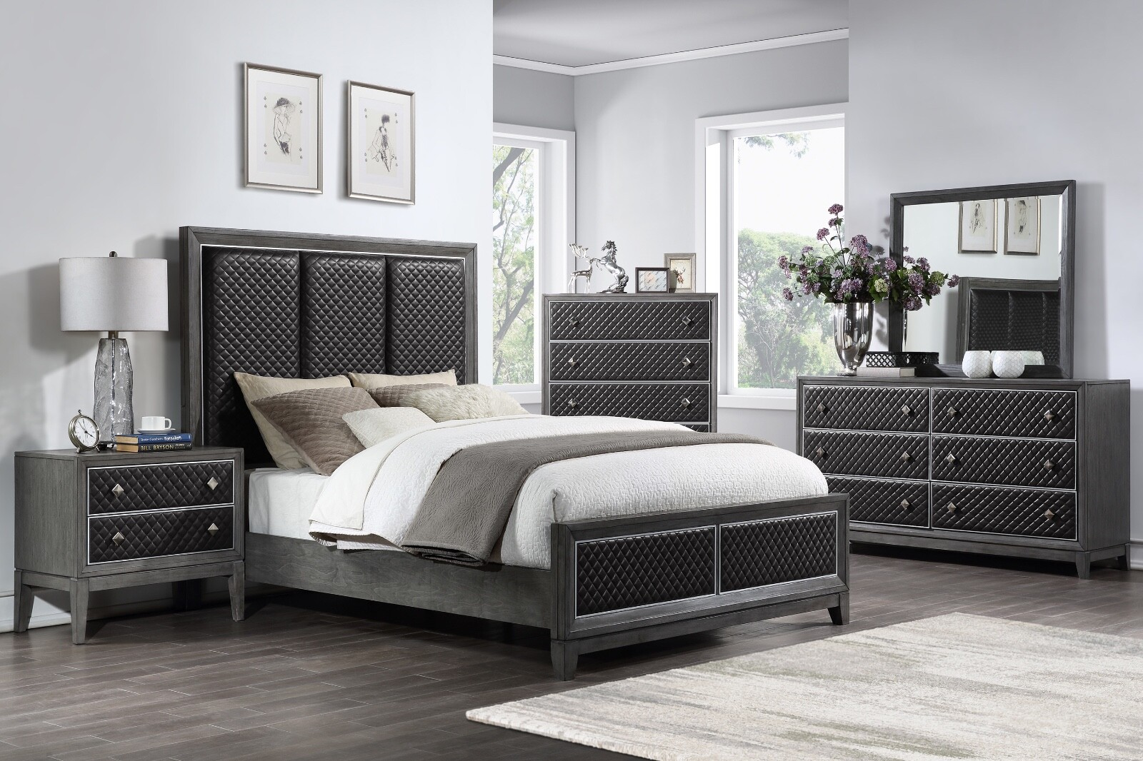 WIRE BRUSHED DARK GREY 4 PC FAUX LEATHER QUEEN BED NS DRESSER FURNITURE SET