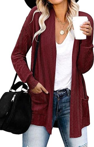 Kikula Damen Langarm Cardigan Pullover Kabelstrick offene Vorderseite mit Taschen Geschenk - Bild 3 von 3