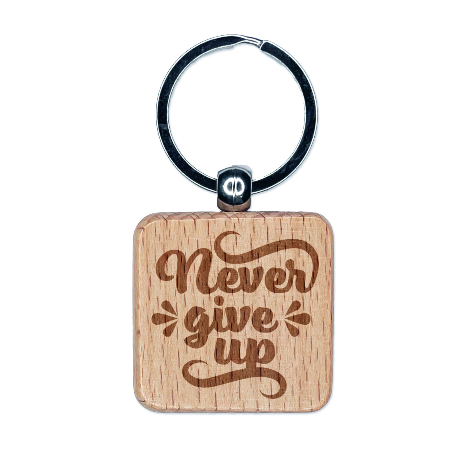 Never Give Up Motivational Wooden Keychain Charm with Engraved Design  