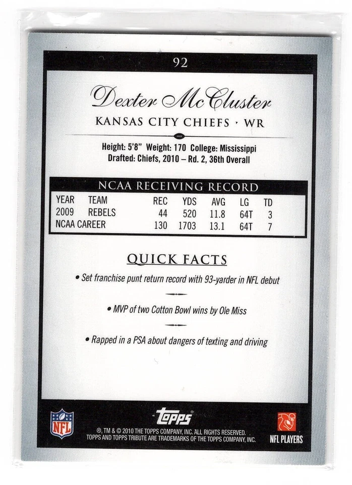 2010 Topps Tribute - Dexter McCluster #92 - Rookie - Image 2 of 2