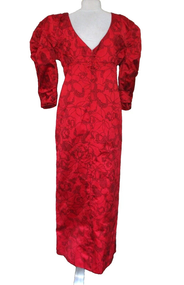Maxi vestido de noche vintage Pauline Trigere mediano para mujer rojo satinado flocado Foto 4 de 4