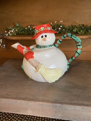 Fitz and Floyd Teapot Mr. Snowman Christmas Holiday 7'' Broom Holly Hat ~CUTE~