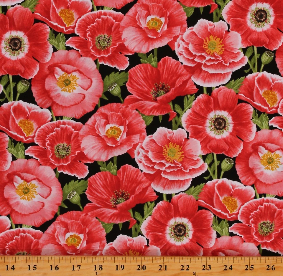 HENRY GLASS FABRIC Cotton Poppies Pink Poppy Flowers Floral Cotton Fabric Print by the Yard D754.13
